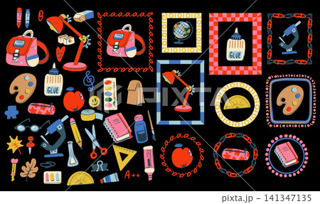 Back to School Isolated Colorful Stationery Art Supplies Science Apple Lamp Notebook 141347135