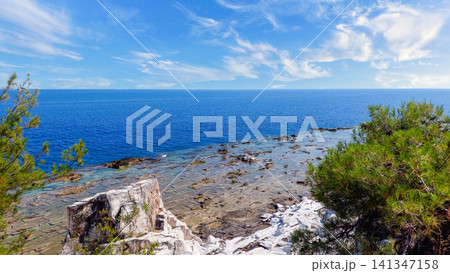 Scenic view of rocky white marble coastline in Thassos Greece Scenic view of rocky white marble coastline in Thassos Greece 141347158