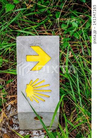 Camino de Santiago stone marker with yellow arrow and scallop shell 141347165