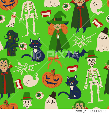 Ghost Halloween seamless pattern with cute characters spooky elements illustration collection design Ghost Halloween seamless pattern with cute characters spooky elements illustration collection design 141347166