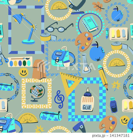 Back to School Seamless Pattern with Colorful Stationery Art Science Apple Supplies Design 141347181