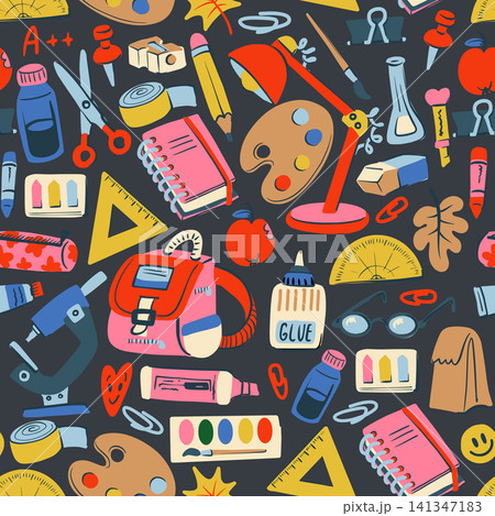 Back to School Seamless Pattern with Colorful Stationery Art Science Apple Supplies Design 141347183