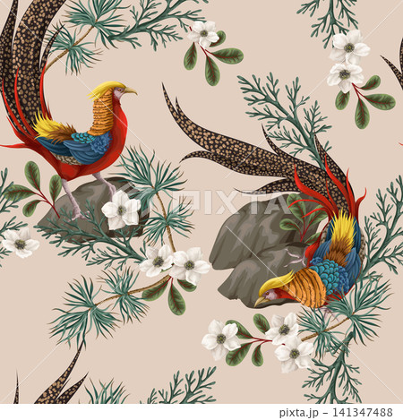 Seamless pattern with gold pleasant and fir branch. Vector. Seamless pattern with gold pleasant and fir branch. Vector. 141347488