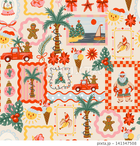 Christmas Tropical Seamless Pattern with Palm Trees Gingerbread Santa Summer Holiday Frames Illustration Christmas Tropical Seamless Pattern with Palm Trees Gingerbread Santa Summer Holiday Frames Illustration 141347508