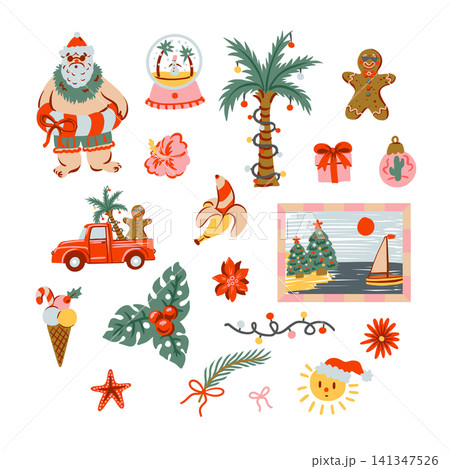 Tropical Christmas Isolated Elements Set with Santa Palm Tree Gingerbread Summer Holiday Clipart Tropical Christmas Isolated Elements Set with Santa Palm Tree Gingerbread Summer Holiday Clipart 141347526