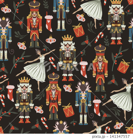 Christmas Nutcracker Seamless Pattern with Ballet Dancers Mouse King Drums Candy Canes Holiday Christmas Nutcracker Seamless Pattern with Ballet Dancers Mouse King Drums Candy Canes Holiday 141347557