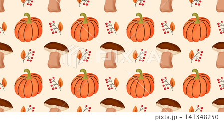 Cute adorable bg mushroom leaves with seamless halloween pumpkin and watercolor pattern for a cozy harvest illustration. Autumn graphic vector tree print forest design texture with agaric. Cute adorable bg mushroom leaves with seamless halloween pumpkin and watercolor pattern for a cozy harvest illustration. Autumn graphic vector tree print forest design texture with agaric. 141348250