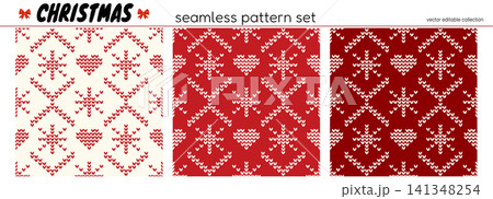 Bg vector pattern with christmas and nordic red seamless design. Sweater cover and ugly ethnic holiday ornament snowflake heart. Jumper in checkered fairisle style for vintage family winter. Bg vector pattern with christmas and nordic red seamless design. Sweater cover and ugly ethnic holiday ornament snowflake heart. Jumper in checkered fairisle style for vintage family winter. 141348254