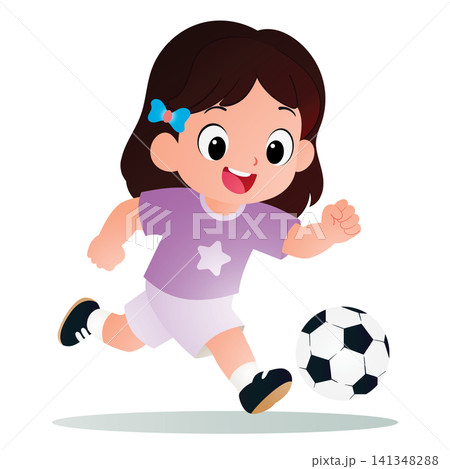 cartoon little girl playing football on white 141348288
