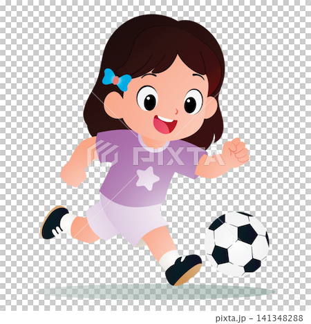 cartoon little girl playing football on white 141348288