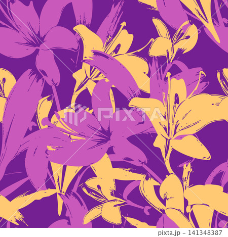 Modern tropical vector seamless pattern with hand drawn lily flowers and leaves. Vibrant summer design for fashion textile, fabric and wallpaper. Modern tropical vector seamless pattern with hand drawn lily flowers and leaves. Vibrant summer design for fashion textile, fabric and wallpaper. 141348387