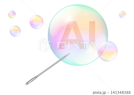 Needle puncturing AI bubble, a metaphor for a boom and hype about to crash. Metallic sewing needle piercing a large soap bubble with the abbreviation AI for Artificial Intelligence inside. Vector Needle puncturing AI bubble, a metaphor for a boom and hype about to crash. Metallic sewing needle piercing a large soap bubble with the abbreviation AI for Artificial Intelligence inside. Vector 141348388