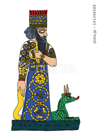 Marduk, ancient Mesopotamian god with his servant dragon at his feet. God of creation and patron deity of city of Babylon, later syncretized to Bel and the Dragon. Isolated colored illustration. Vecto Marduk, ancient Mesopotamian god with his servant dragon at his feet. God of creation and patron deity of city of Babylon, later syncretized to Bel and the Dragon. Isolated colored illustration. Vecto 141348389