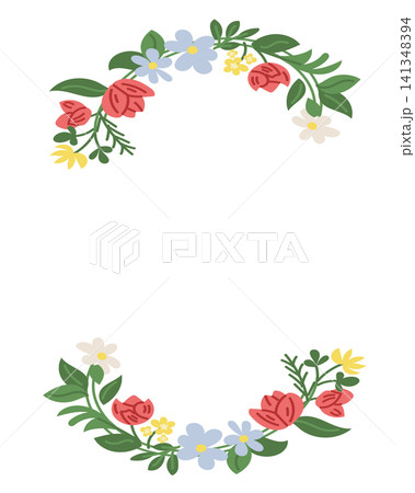 Floral illustration featuring red roses, blue flowers, and green leaves arranged in a decorative frame with ample white space for text or design elements Floral illustration featuring red roses, blue flowers, and green leaves arranged in a decorative frame with ample white space for text or design elements 141348394