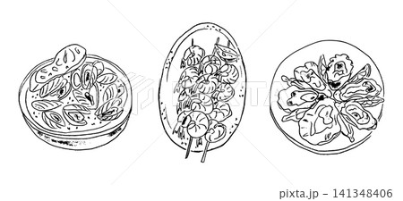 Illustration of three distinct dishes featuring seafood, including oysters, shrimp skewers, and a bowl of mussels with herbs and spices on a white background 141348406