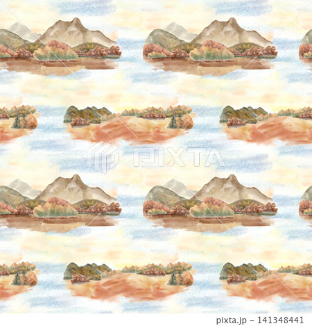 Autumn mountain landscape watercolor seamless pattern. Artistic scene of hills, grove and sky hand drawn in earth tones. Decorative calm fall scenic repeat for print seasonal textile design or paper. Autumn mountain landscape watercolor seamless pattern. Artistic scene of hills, grove and sky hand drawn in earth tones. Decorative calm fall scenic repeat for print seasonal textile design or paper. 141348441