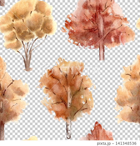 Orange red foliage on trees watercolor seamless pattern isolated white. Autumn forest repeat background with different trees hand painted for textile design. Fall grove art for backdrop or art print. Orange red foliage on trees watercolor seamless pattern isolated white. Autumn forest repeat background with different trees hand painted for textile design. Fall grove art for backdrop or art print. 141348536