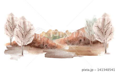 Watercolor landscape of bare trees on a rolling hill isolated white. Autumn nature scenery with trees without leaves soft brown and orange tones hand painted. Countryside for seasonal fall design. Watercolor landscape of bare trees on a rolling hill isolated white. Autumn nature scenery with trees without leaves soft brown and orange tones hand painted. Countryside for seasonal fall design. 141348541