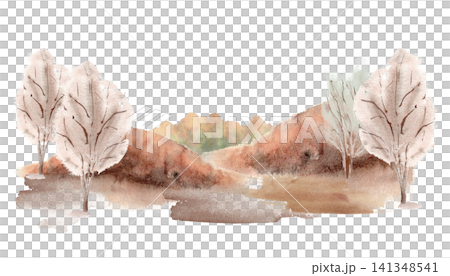 Watercolor landscape of bare trees on a rolling hill isolated white. Autumn nature scenery with trees without leaves soft brown and orange tones hand painted. Countryside for seasonal fall design. Watercolor landscape of bare trees on a rolling hill isolated white. Autumn nature scenery with trees without leaves soft brown and orange tones hand painted. Countryside for seasonal fall design. 141348541