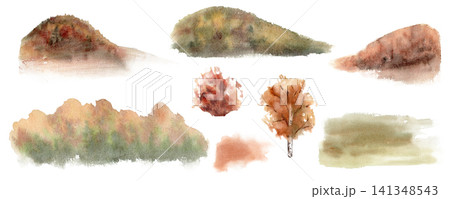 Watercolor set of hills, grassland and golden forest illustrations isolated white. Hand painted nature fall elements for scrapbooking and seasonal greeting card. Clipart for autumn landscape design. Watercolor set of hills, grassland and golden forest illustrations isolated white. Hand painted nature fall elements for scrapbooking and seasonal greeting card. Clipart for autumn landscape design. 141348543
