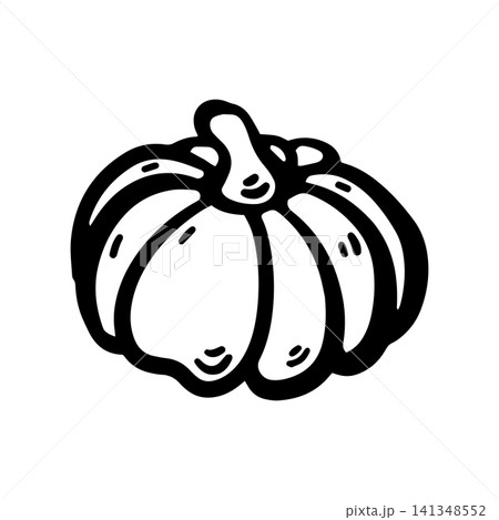 Hand-drawn doodle pumpkin illustration isolated on a white background. Simple black outline vegetable sketch for menus, restaurants, food packaging, labels, stickers, and seasonal designs. 141348552
