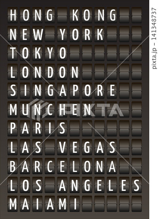 Airport departure and arrival flip board with flight schedule information. Terminal timetable panel featuring flipping letters and countdown system. Vector style illustration. 141348737
