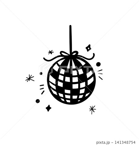 Doodle hand-drawn disco ball in a trendy vector style, decorated with sparkling stars. Ideal for wedding and graduation party design templates. 141348754