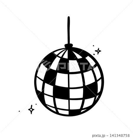Doodle hand-drawn disco ball in a trendy vector style, decorated with sparkling stars. Ideal for wedding and graduation party design templates. 141348758