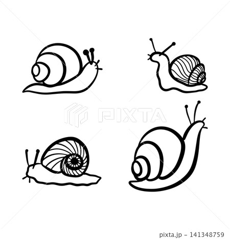 Doodle set of snails in hand drawn style. Vector illustration of isolated black outline snail sketches on white background for nature, garden, and educational designs. Doodle set of snails in hand drawn style. Vector illustration of isolated black outline snail sketches on white background for nature, garden, and educational designs. 141348759