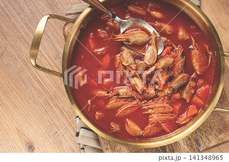 French shrimp bisque soup, in a pot, close-up, no people, French shrimp bisque soup, in a pot, close-up, no people, 141348965