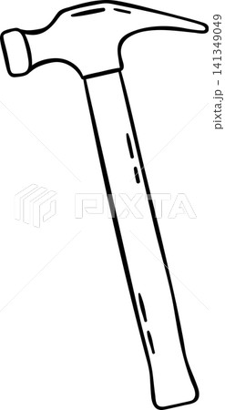 Black and white doodle of hammer with wooden handle. Simple sketch icon for construction sites or home repair blogs Black and white doodle of hammer with wooden handle. Simple sketch icon for construction sites or home repair blogs 141349049