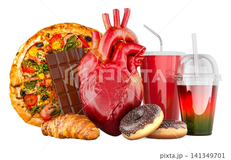 Human heart surrounded by junk food, cardiovascular risk and unhealthy diet concept. 3D rendering Human heart surrounded by junk food, cardiovascular risk and unhealthy diet concept. 3D rendering 141349701