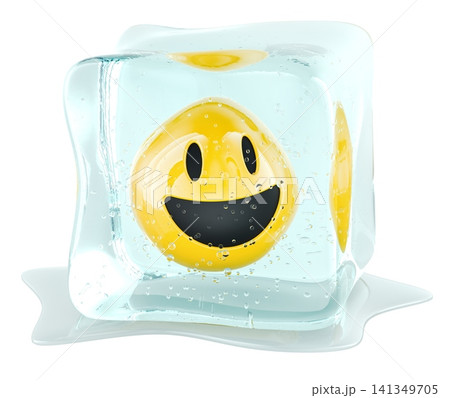 Melting ice cube with happy smiley face, summer cooling concept. 3D rendering Melting ice cube with happy smiley face, summer cooling concept. 3D rendering 141349705