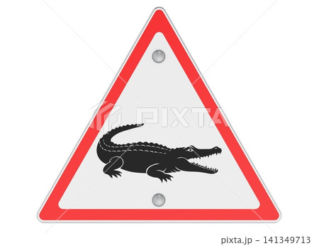 Crocodile warning sign with red triangular border. 3D rendering 141349713