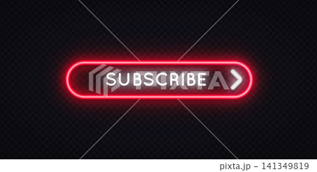 Neon red glowing Subscribe button with arrow on dark transparent background. Bold rounded UI element for YouTube channel, streaming platform or web design. Neon red glowing Subscribe button with arrow on dark transparent background. Bold rounded UI element for YouTube channel, streaming platform or web design. 141349819