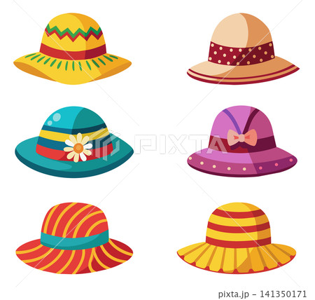 Vector cartoon headgears. Collection of woman summer hats. Clothing accessory. 141350171