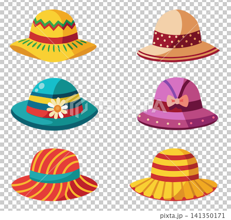 Vector cartoon headgears. Collection of woman summer hats. Clothing accessory. 141350171