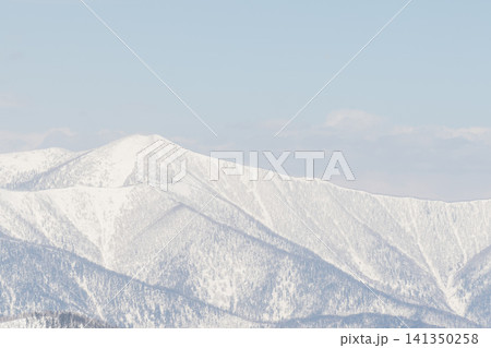 淡い雪の山脈となだらかな丘 141350258