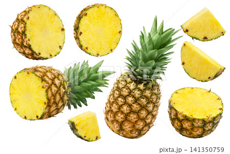 Isolated pineapples without shadow collection. Whole juicy pineapple, cut in a half of pineapple, slices of ananas isolated. Isolated pineapples without shadow collection. Whole juicy pineapple, cut in a half of pineapple, slices of ananas isolated. 141350759