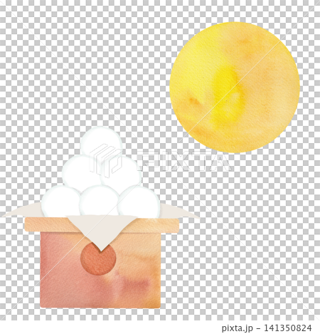 A watercolor painting of a full moon and moon-viewing dumplings - Moon Viewing Set 1 A watercolor painting of a full moon and moon-viewing dumplings - Moon Viewing Set 1 141350824