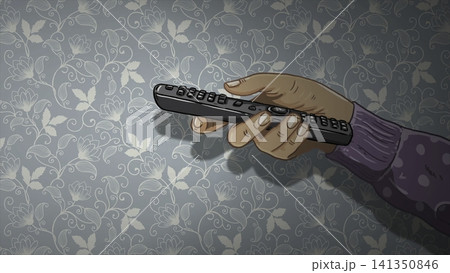 Quiet Night With Remote Control And Dimmed Lights. Solitary Figure Relaxes With Remote In Softly Lit Room Quiet Night With Remote Control And Dimmed Lights. Solitary Figure Relaxes With Remote In Softly Lit Room 141350846