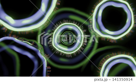 Glowing concentric neon rings with fine radial filaments, cyan inner bands, green outer rim, pink tips, isolated against deep black abstract background, with ring, concentric, glowing, neon detail Glowing concentric neon rings with fine radial filaments, cyan inner bands, green outer rim, pink tips, isolated against deep black abstract background, with ring, concentric, glowing, neon detail 141350914