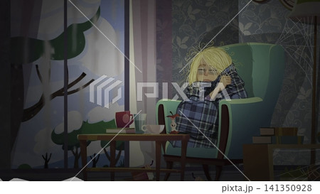 Student Sitting With Worried Expression Near Window. Room With Stormy View And Vulnerable Woman In Blanket Student Sitting With Worried Expression Near Window. Room With Stormy View And Vulnerable Woman In Blanket 141350928