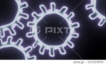 Glowing lobed circles with neon cyan inner glow and pale magenta halo against dark gradient background, frontal close crop emphasizing luminous rims and negative space 141350959