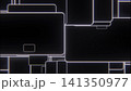 Layered rounded rectangles with intensifying neon edge glow, dense abstract tech grid of overlapping forms, white core outlines, red green blue fringe, dark modern composition 141350977