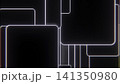 Neon outlined rounded panels revealing layered grid shapes on black background with bright white edges, subtle red green blue fringes, modern digital look and strong contrast 141350980