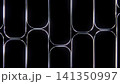 Neon rounded rectangle grid glowing on black with chromatic fringe, repeating vertical outlines, smooth curves, sleek symmetry, and luminous minimalist geometry 141350997