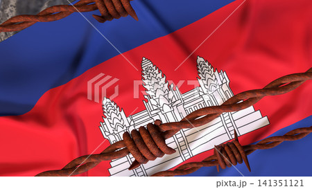 Cambodia Flag Behind Rusty Barbed Wire Border 3d Cambodia Flag Behind Rusty Barbed Wire Border 3d 141351121