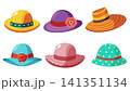 Vector cartoon headgears. Collection of woman summer hats. Clothing accessory. 141351134