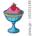 Strawberry ice cream in a plate. Sweet sundae. Fast food restaurant frozen dessert. Cartoon vector illustration. 141351146